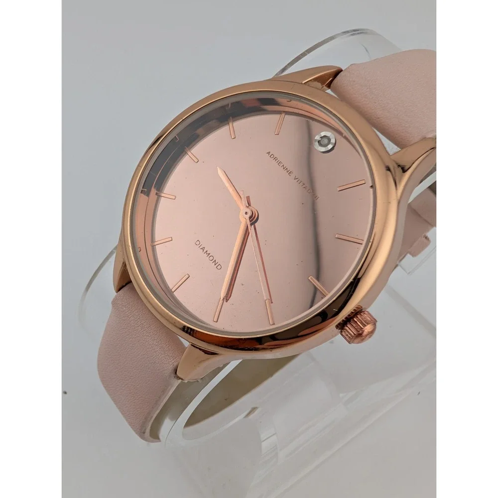 Adrienne Vittadini Watch Women 34mm Case Pink Faux Leather Band- New Battery‎